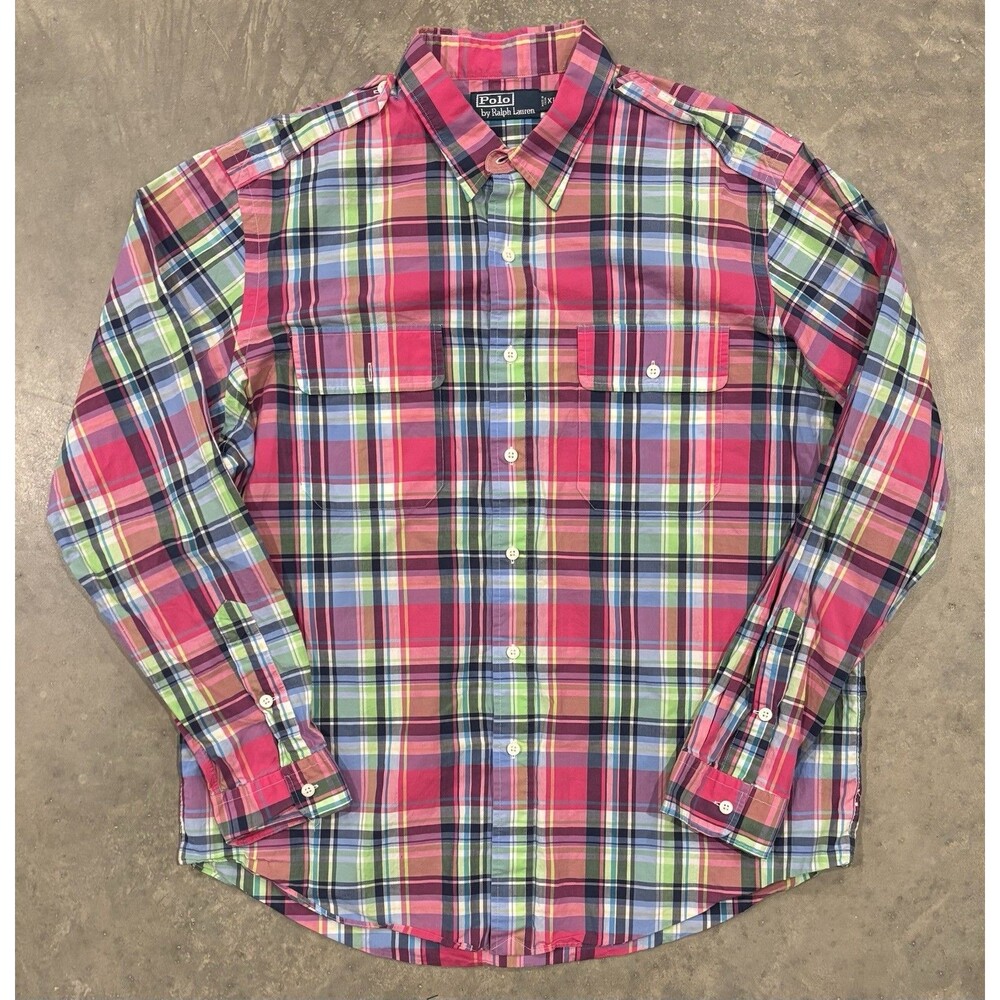 Polo Ralph Lauren Shirt Mens XL Multicolor Madras Plaid Button Down Epaulettes